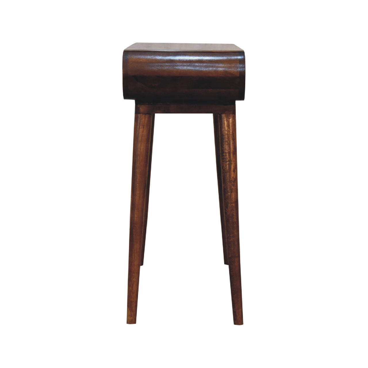 Dark wood end table with curved top and tapered legs