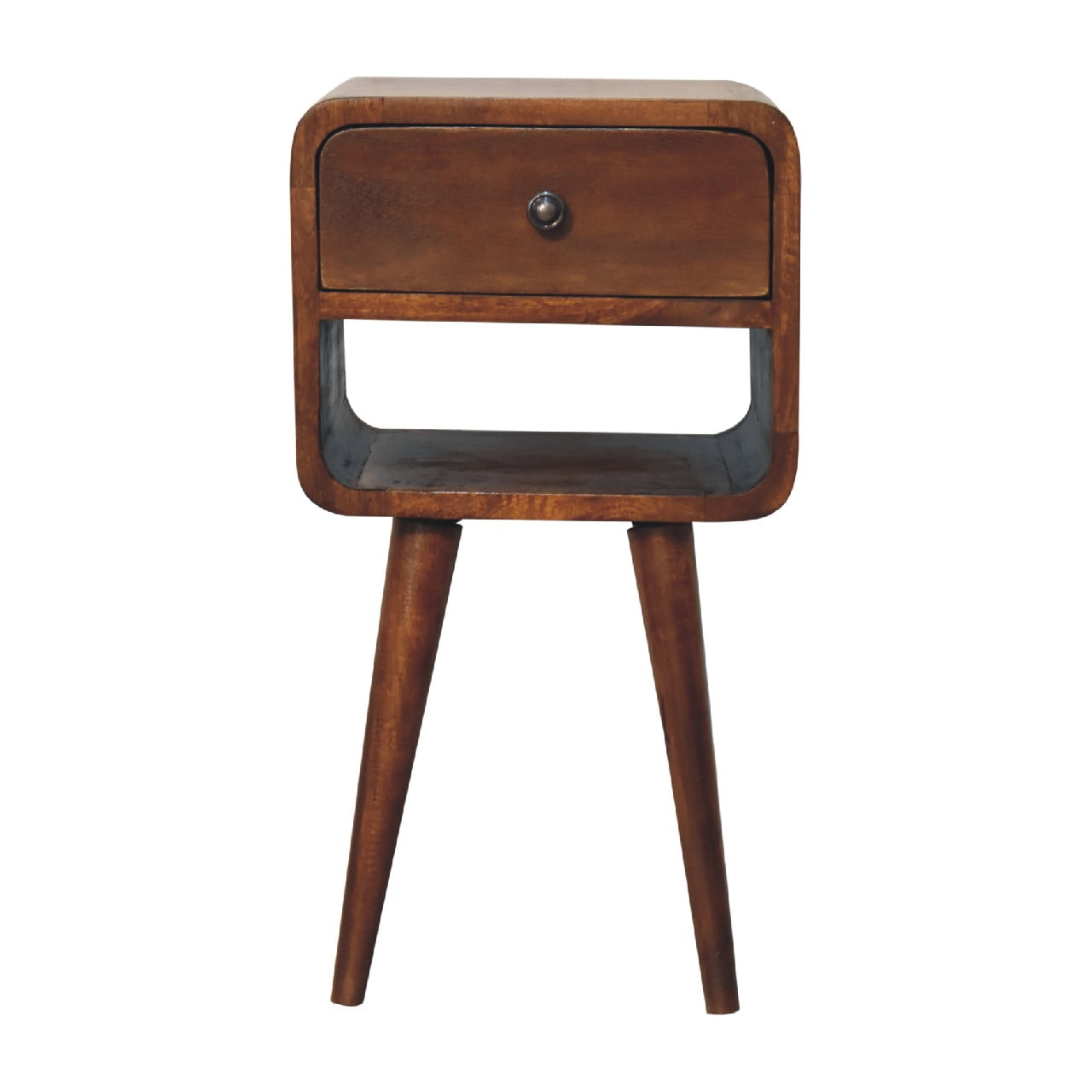 Solid wood bedside table with one drawer and open shelf warm brown finish