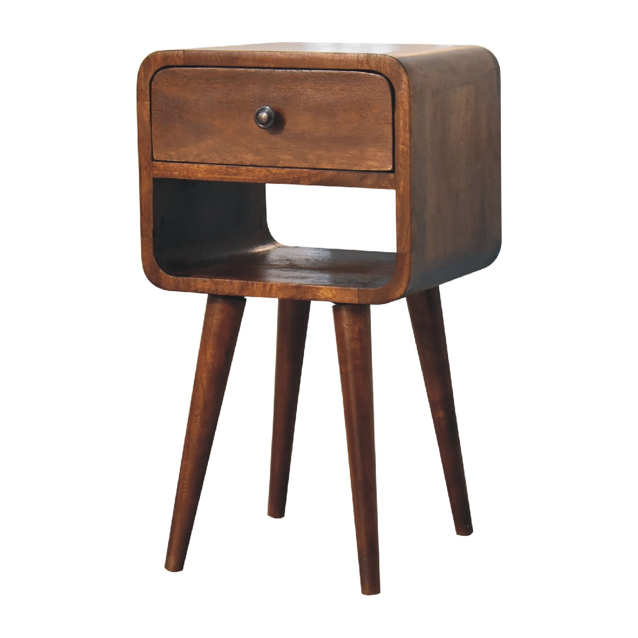 Solid wood bedside table with rounded edges and tapered legs