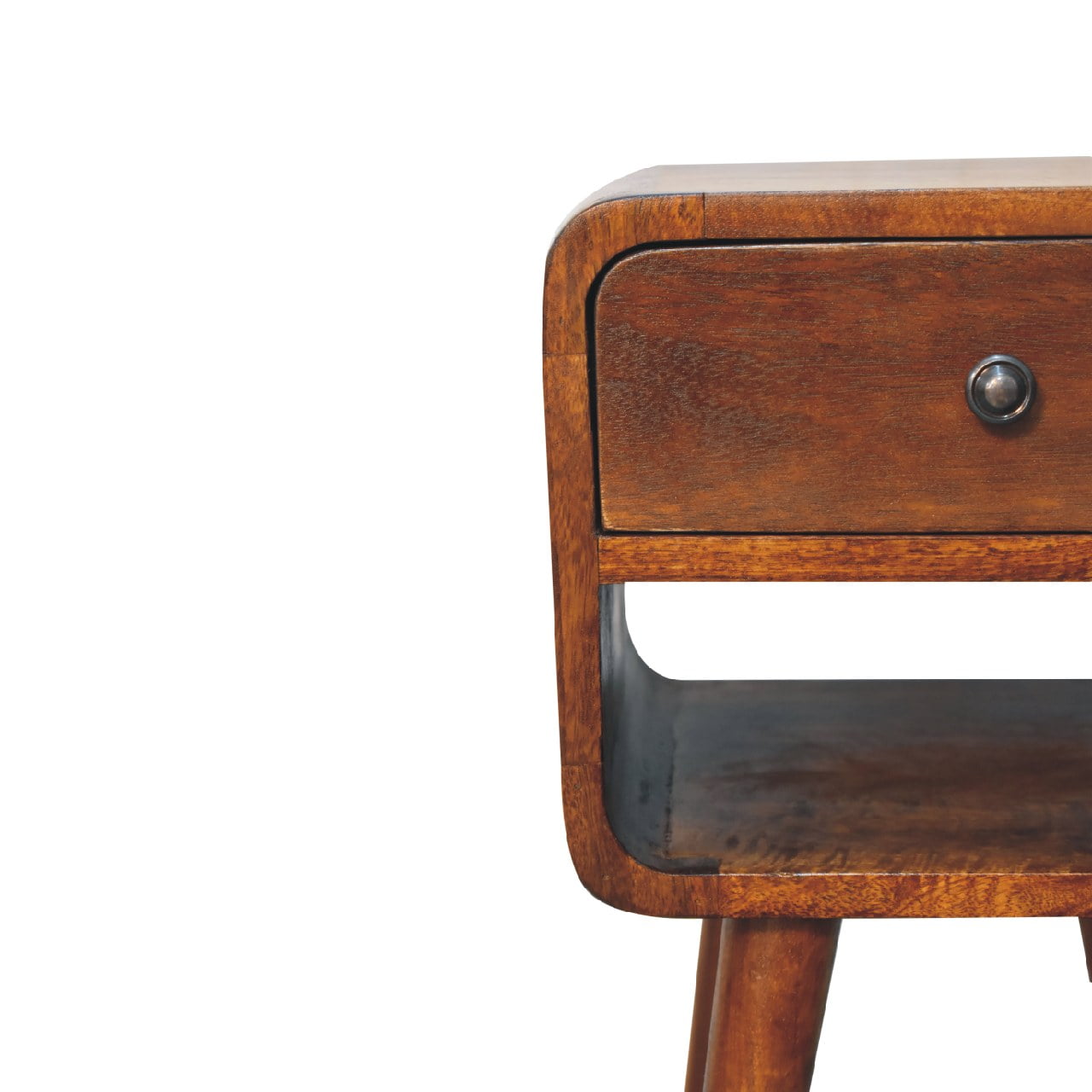 Curved wood bedside table with single drawer and open shelf