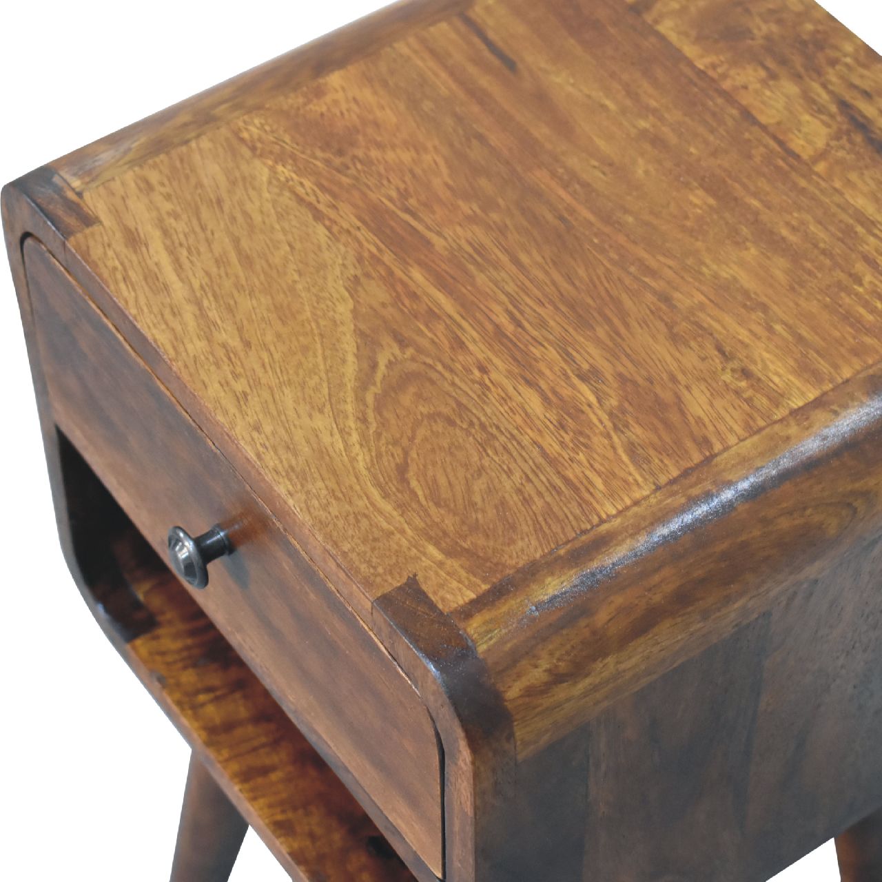 Solid wood nightstand with a single drawer and open shelf warm brown finish