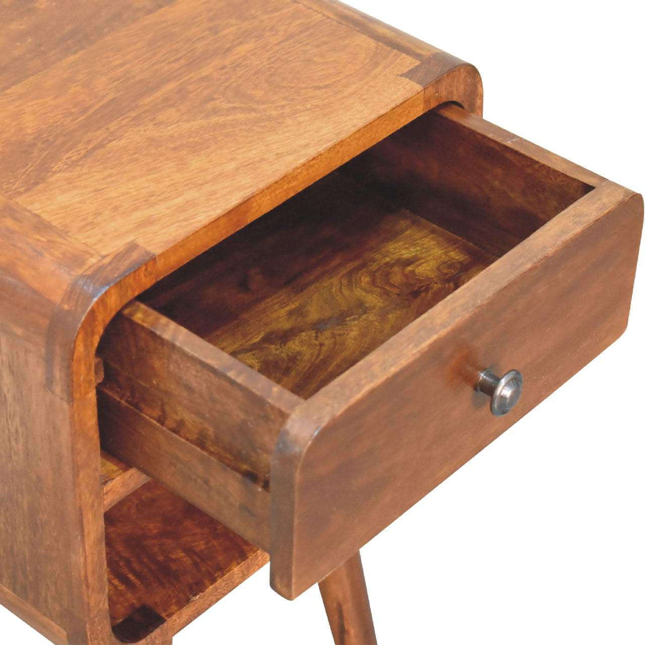 Solid mango wood bedside table with one open drawer and visible grain detail