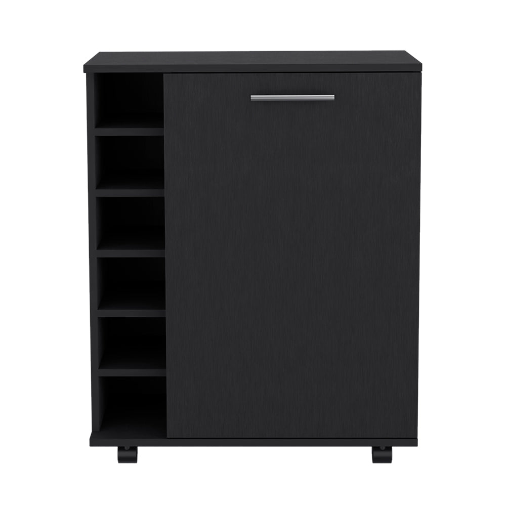 Black mobile storage cabinet with open shelves on the left