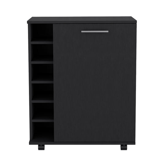 Black mobile storage cabinet with open shelves on the left