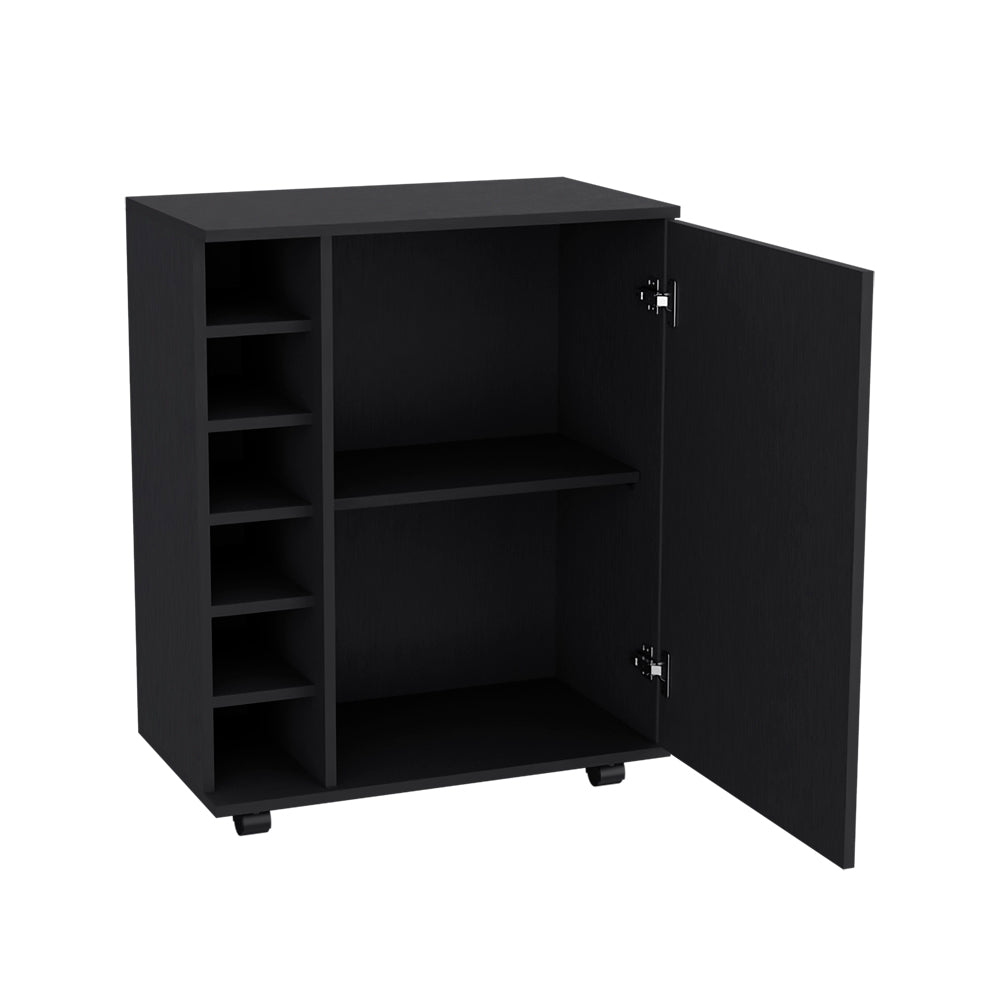 Black modular cabinet with vertical shelf unit and open door