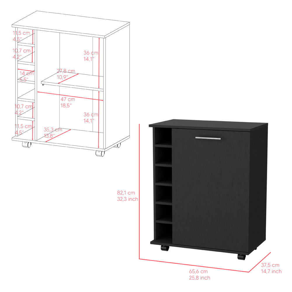 Black mobile bar cabinet with builtin wine rack and shelving