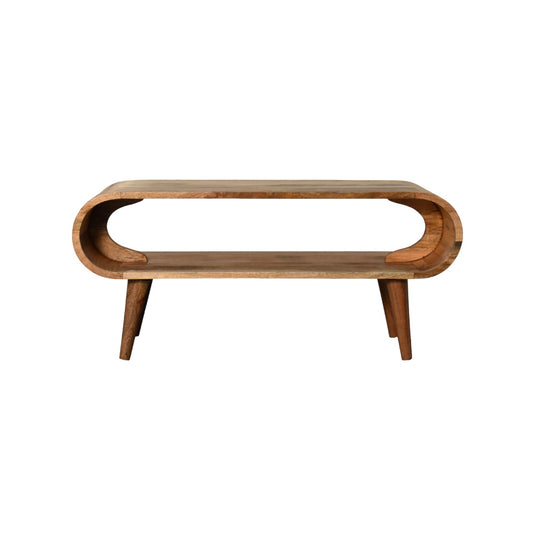 Solid mango wood coffee table with curved ends and a lower shelf