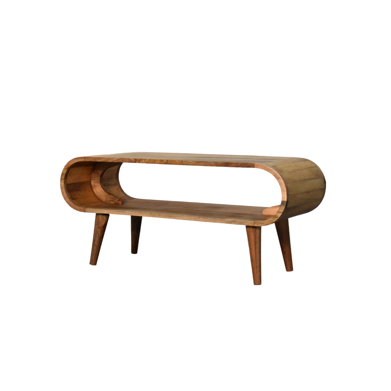 Midcentury modern mango wood media console with open storage compartment
