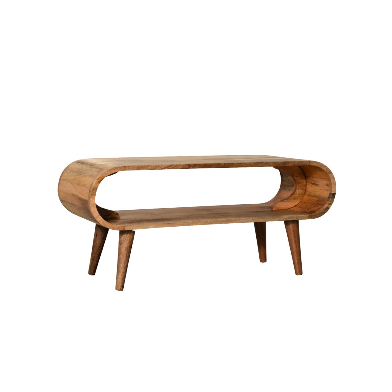 Midcentury modern wooden coffee table with curved ends and tapered legs