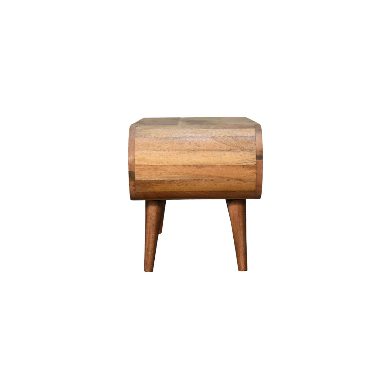 Solid wood side table with curved front and tapered legs