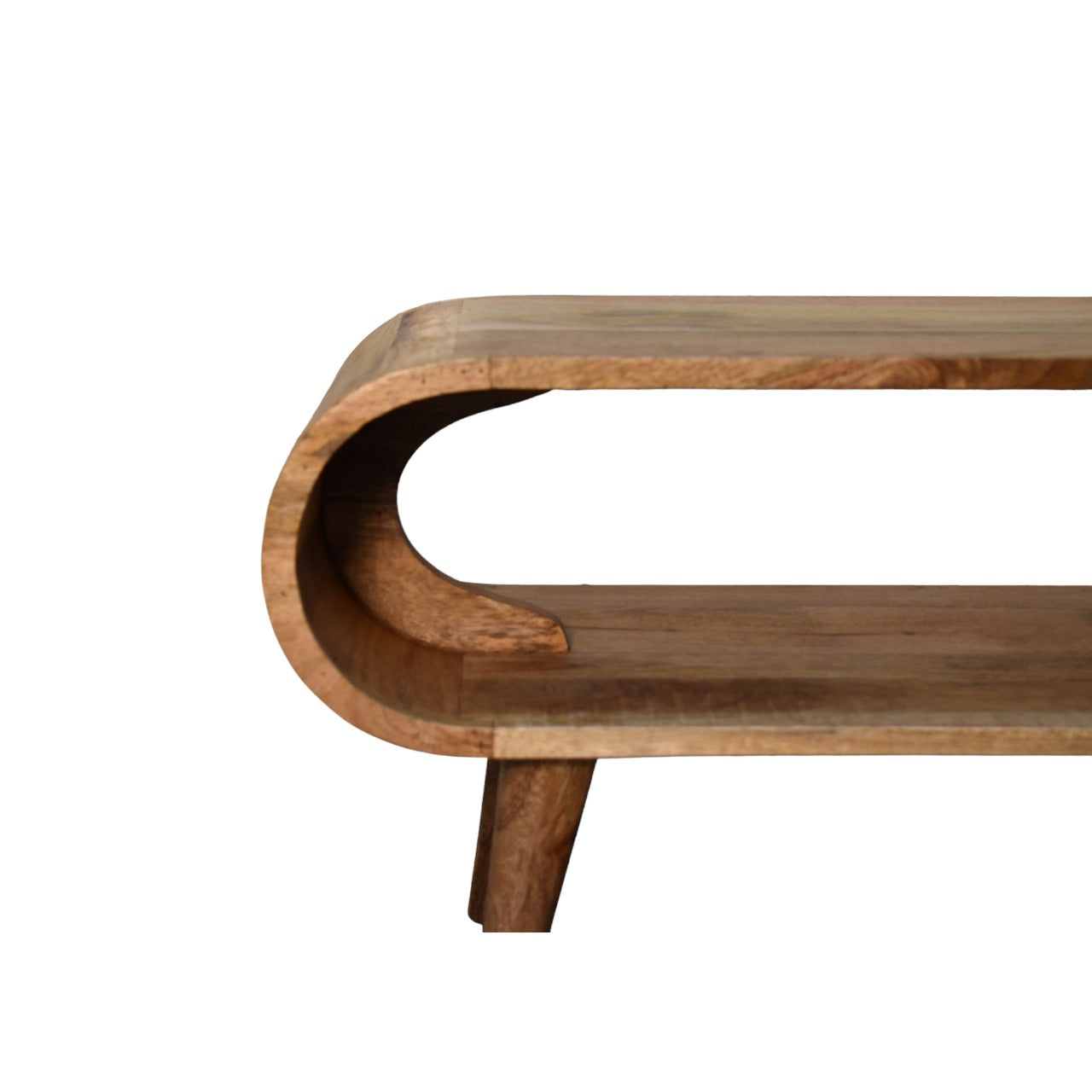 Curved natural wood shelf with tapered legs midcentury modern design