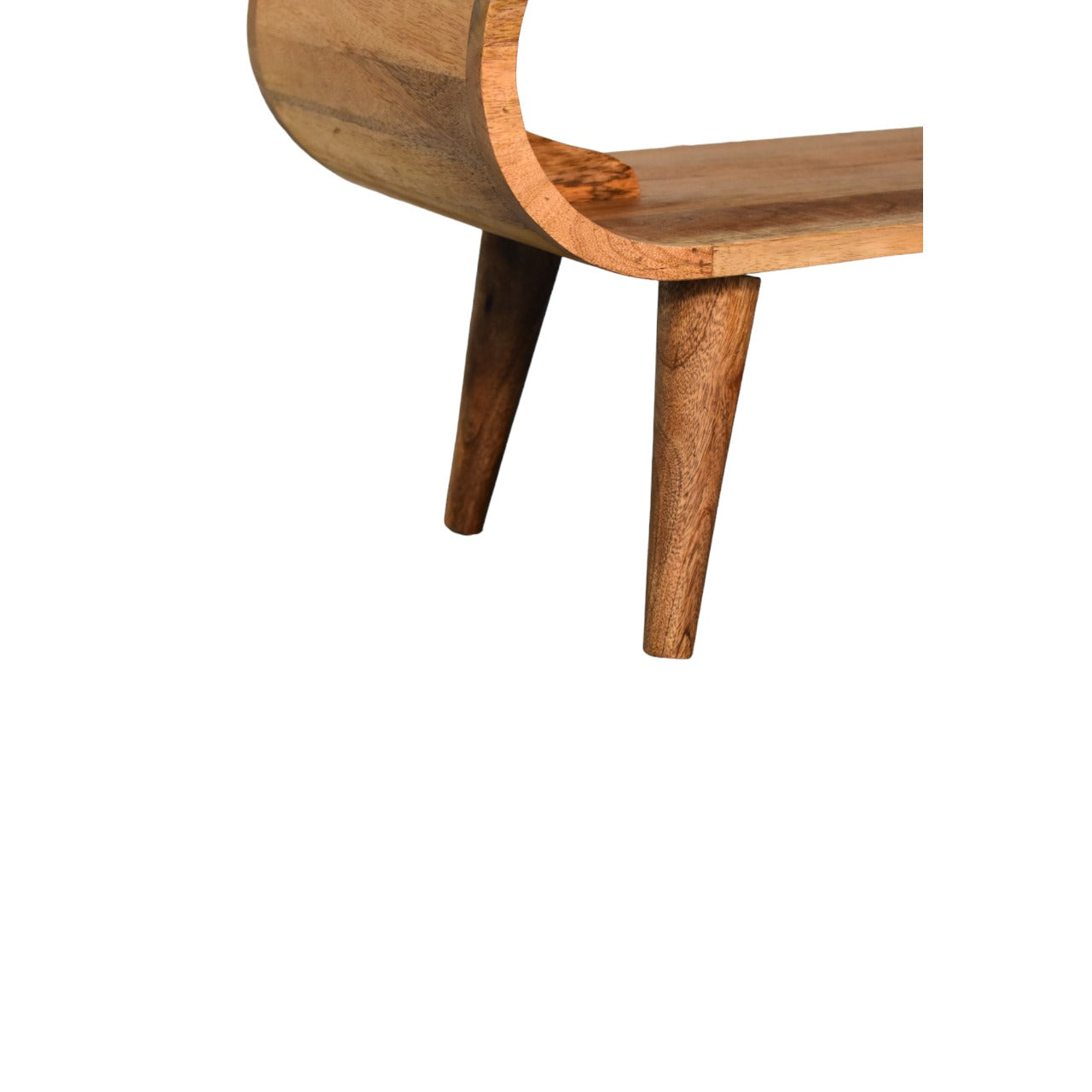 Curved wooden side table with tapered legs natural wood grain