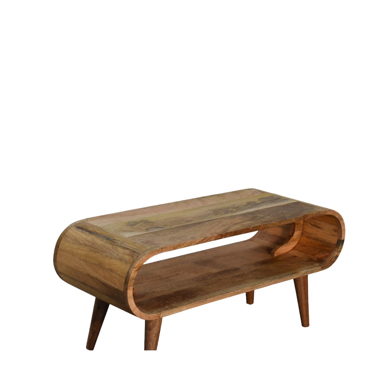 Curved wooden coffee table with a midcentury modern design and two open shelves