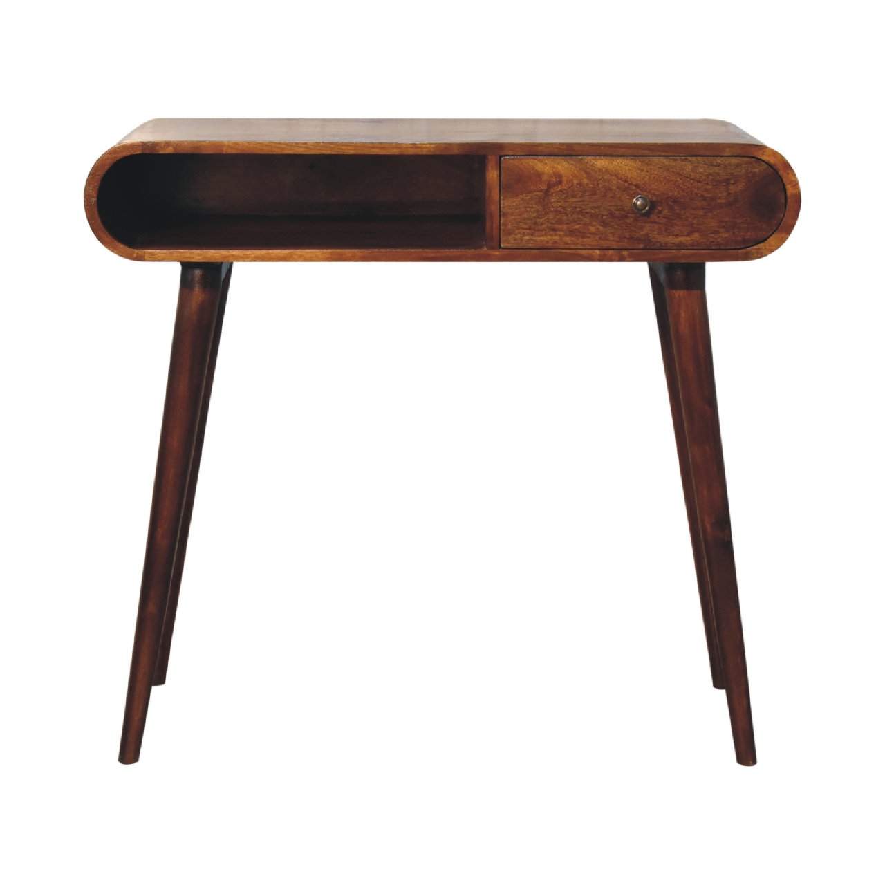 Midcentury modern wooden writing desk with a single drawer and open shelf