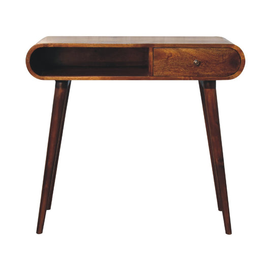 Midcentury modern wooden writing desk with a single drawer and open shelf