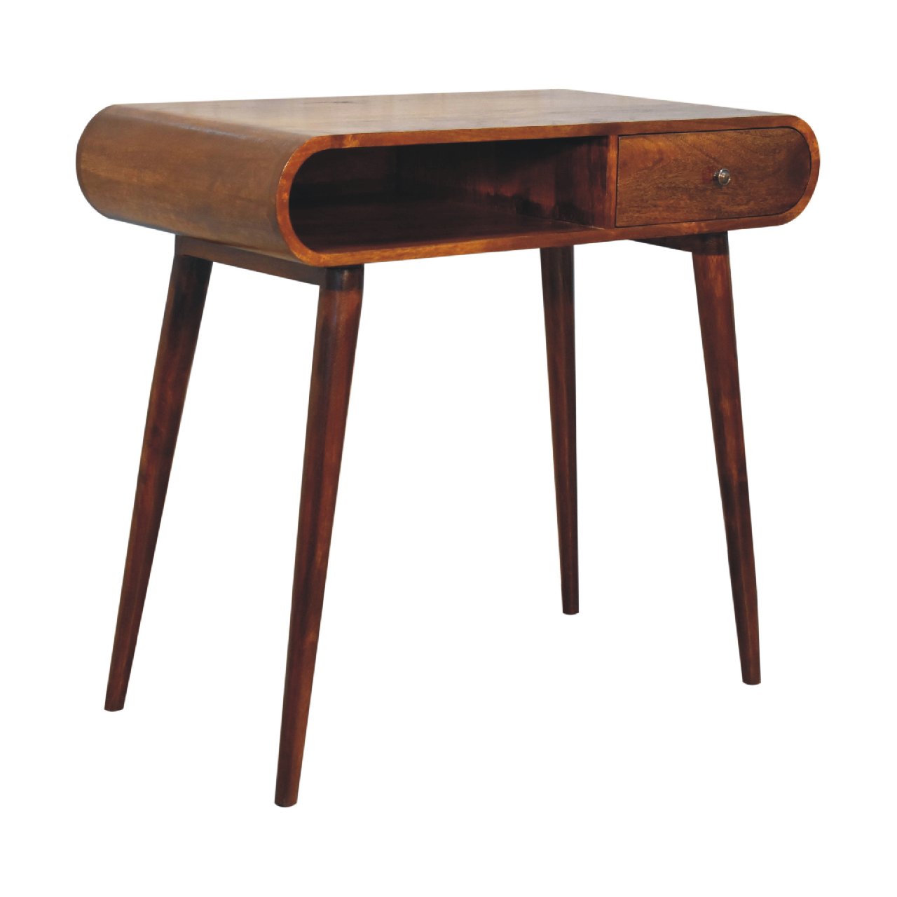 Midcentury modern wooden console table with rounded edges and single drawer