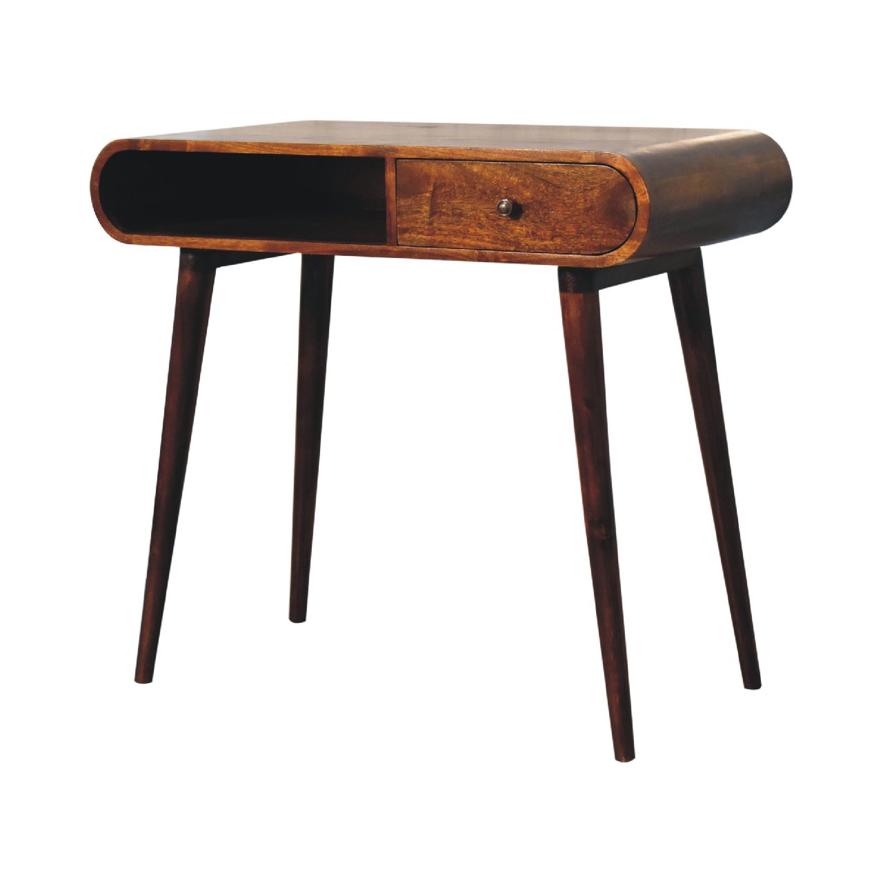Midcentury modern walnut writing desk with tapered legs and open shelf