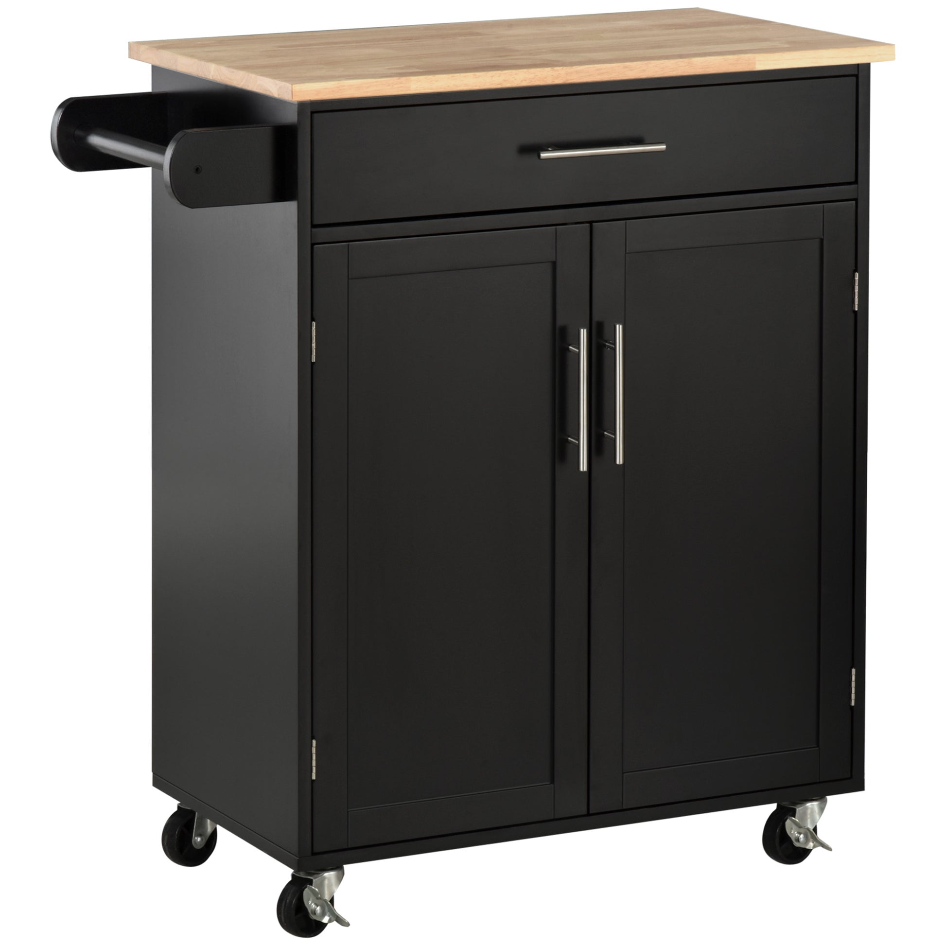 Black kitchen island cart with butcher block top and towel rack