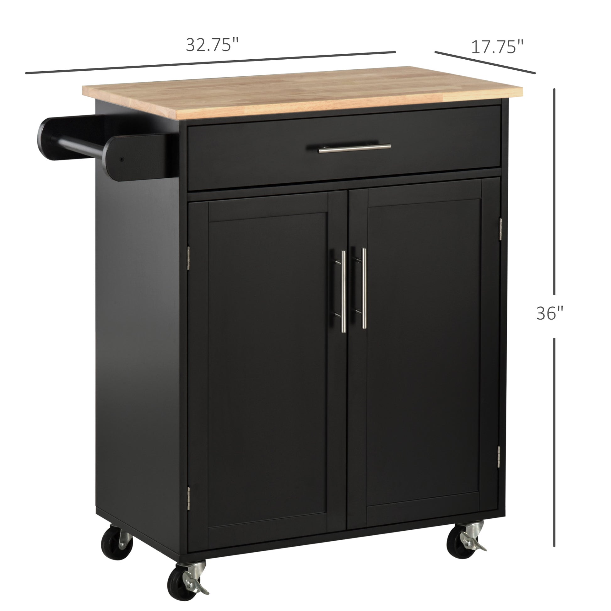 Black kitchen island cart with butcher block top and towel bar