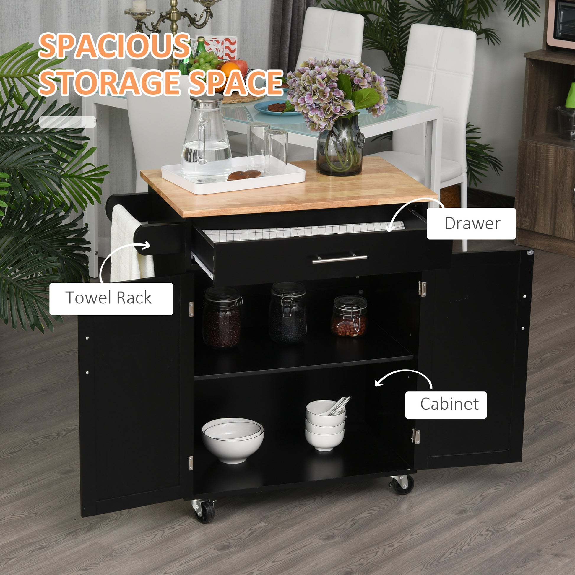 Black kitchen cart with butcher block top drawer and cabinet storage