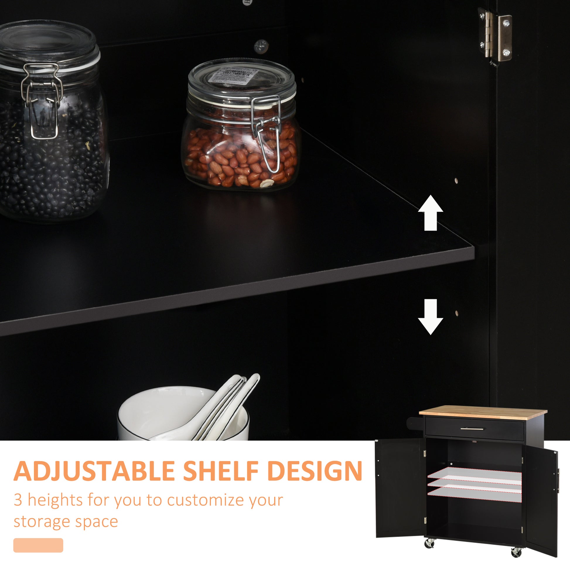 Black kitchen cart with open doors and adjustable shelves