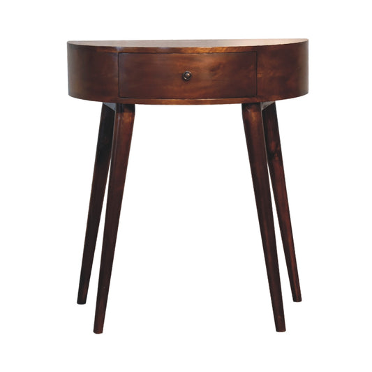 Midcentury modern oval end table dark wood finish with single drawer and tapered legs