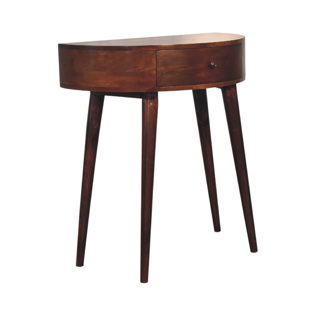 Dark wood halfmoon console table with one drawer and tapered legs