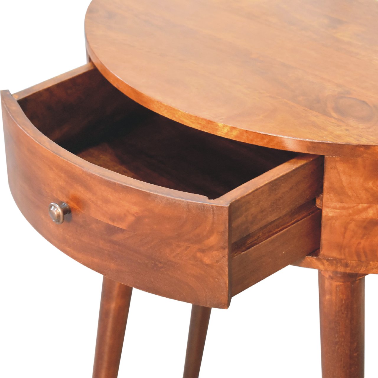 Round wooden accent table with partially open drawer and metal knob