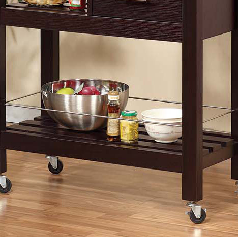 Dark wood kitchen cart with stainless steel bowl and rolling casters