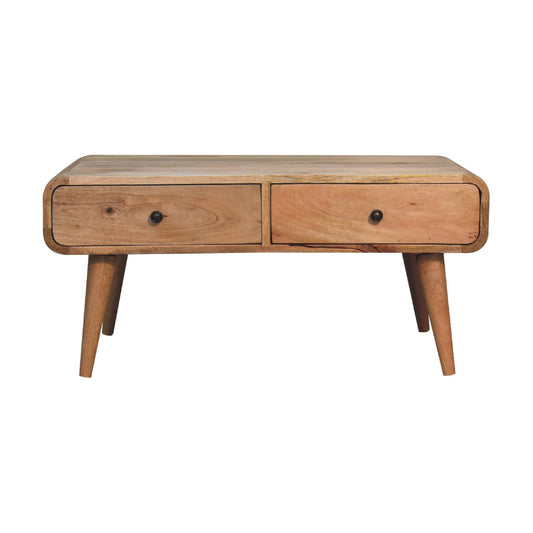 Solid wood coffee table with two drawers and rounded edges