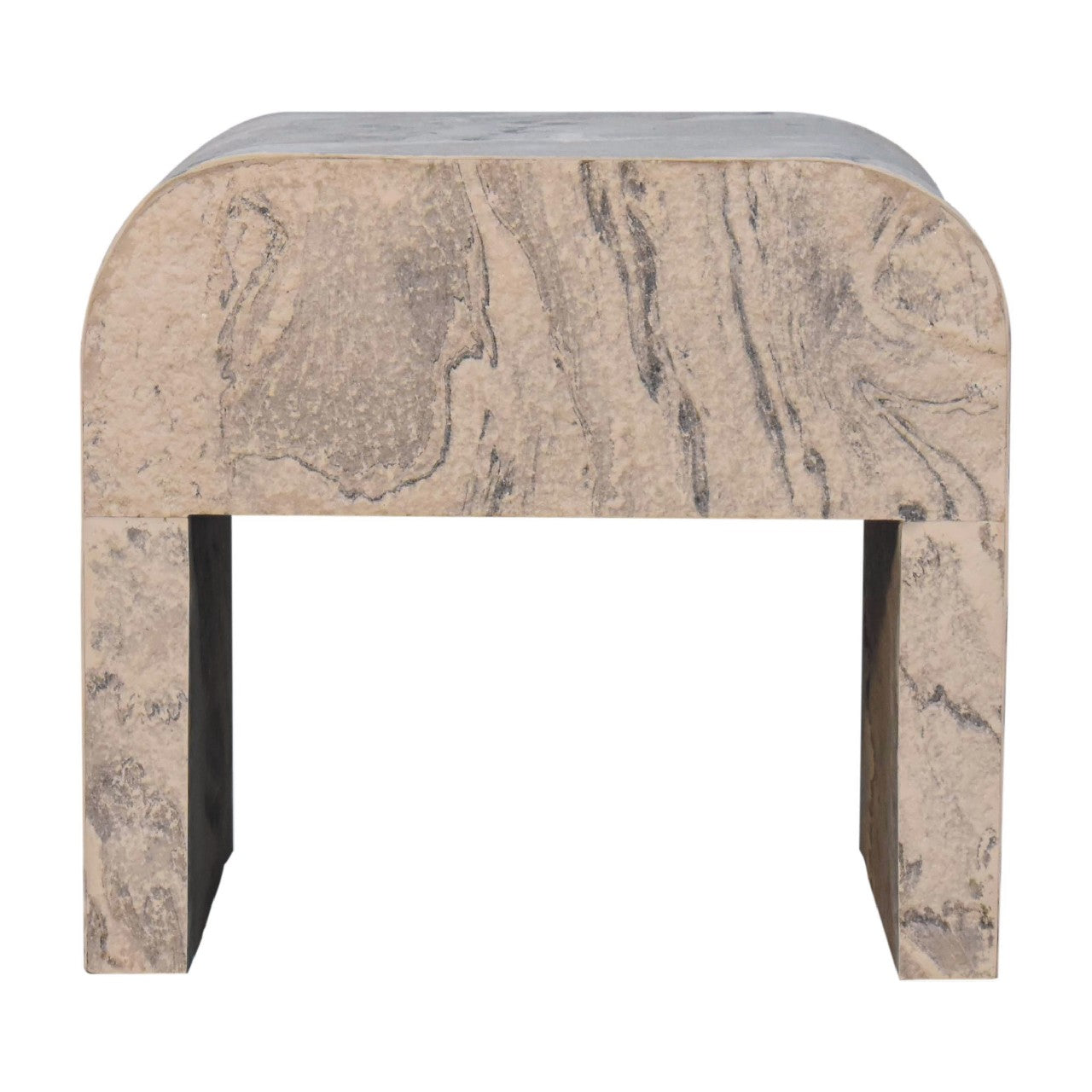 Travertine waterfall console table with rounded edges neutral tones