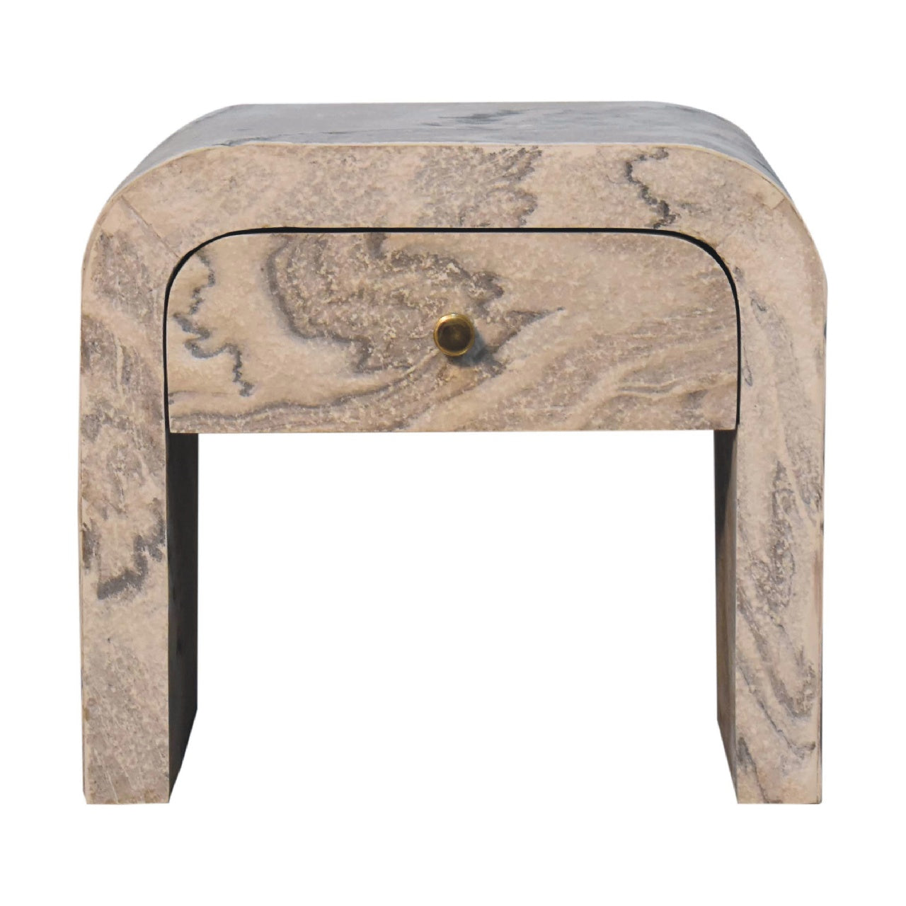 Curved travertine nightstand with brass knob and marblelike veining a modern bedroom accent