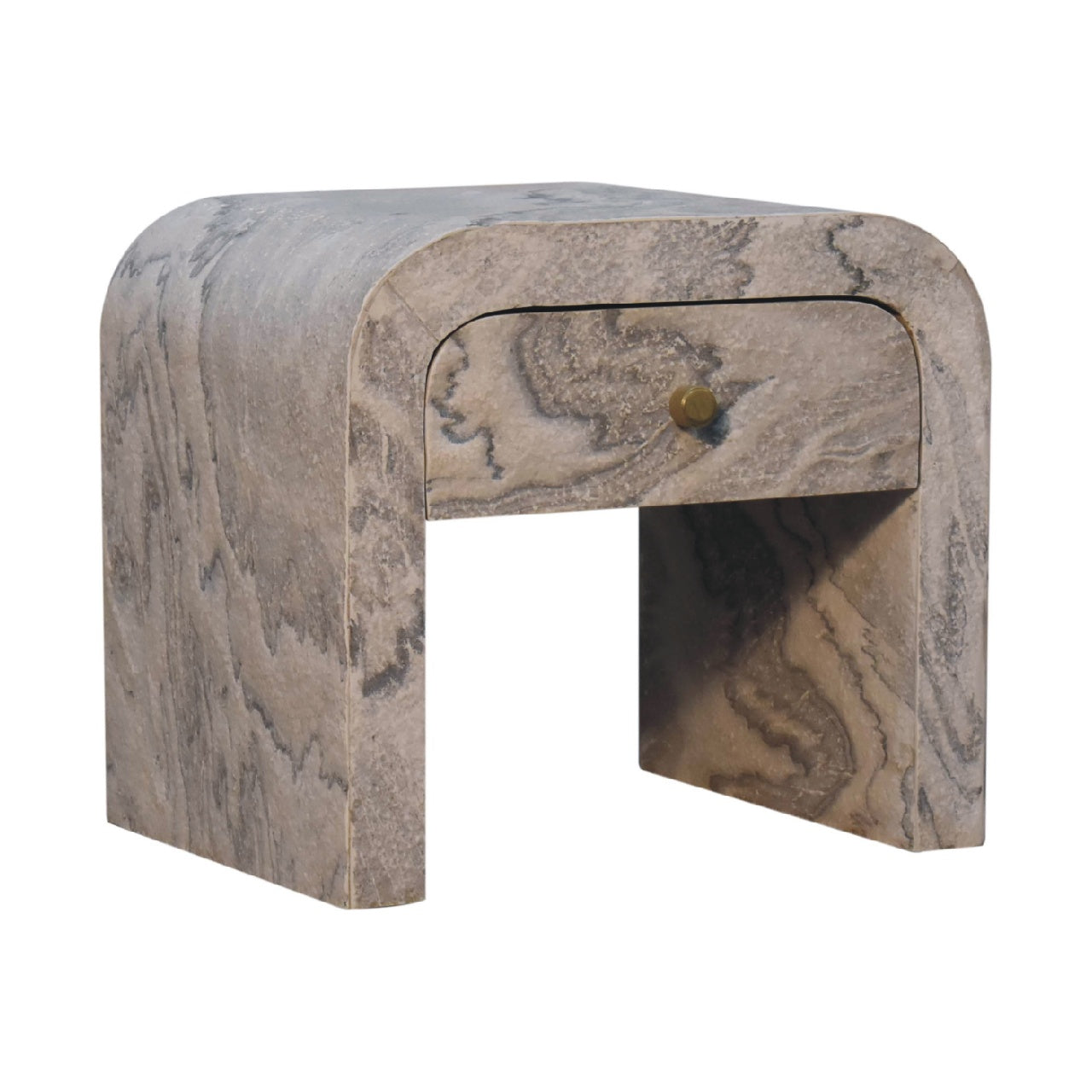 Curved marblelook nightstand with one drawer and brass knob modern design