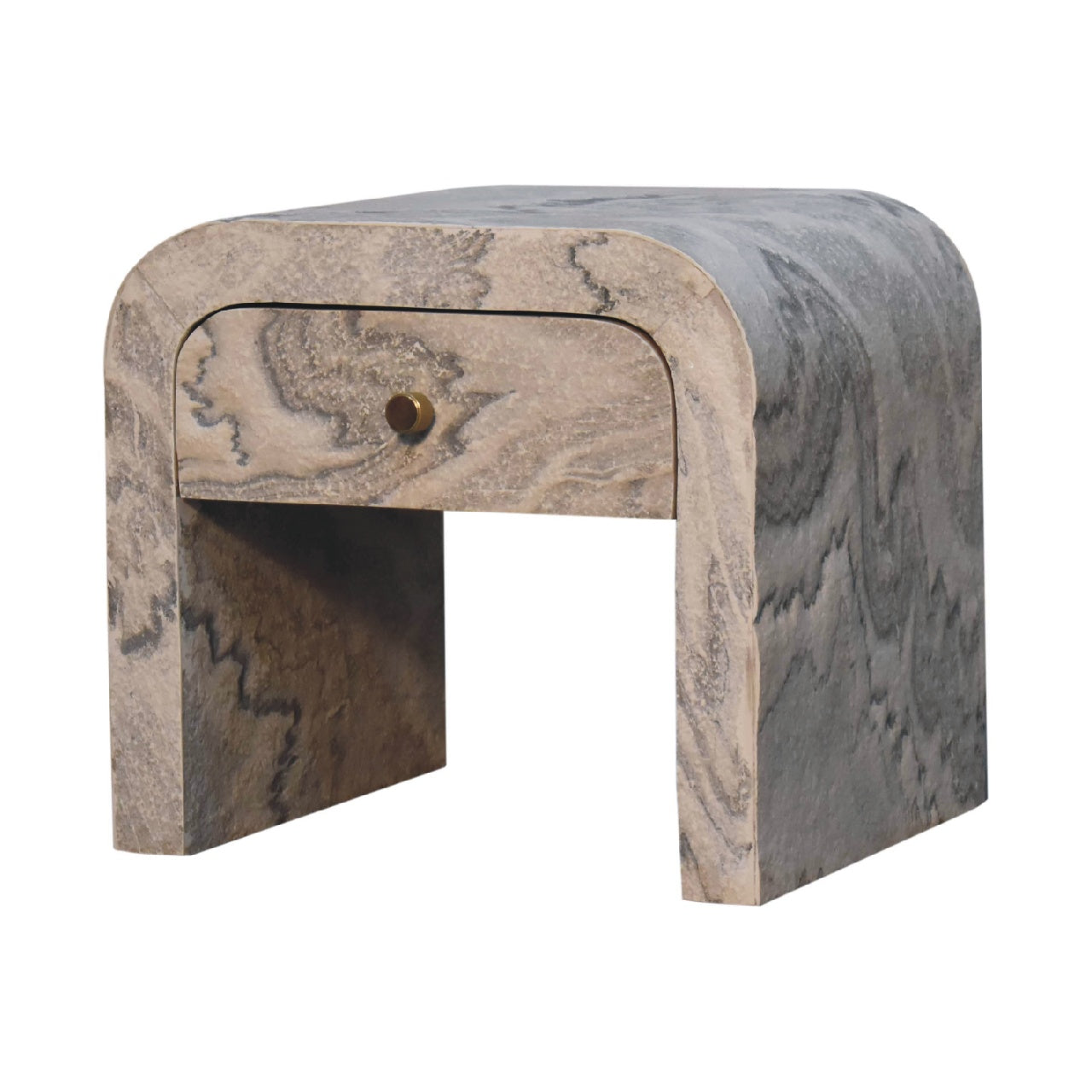 Gray marble waterfall nightstand with brass knob and curved open base modern accent furniture