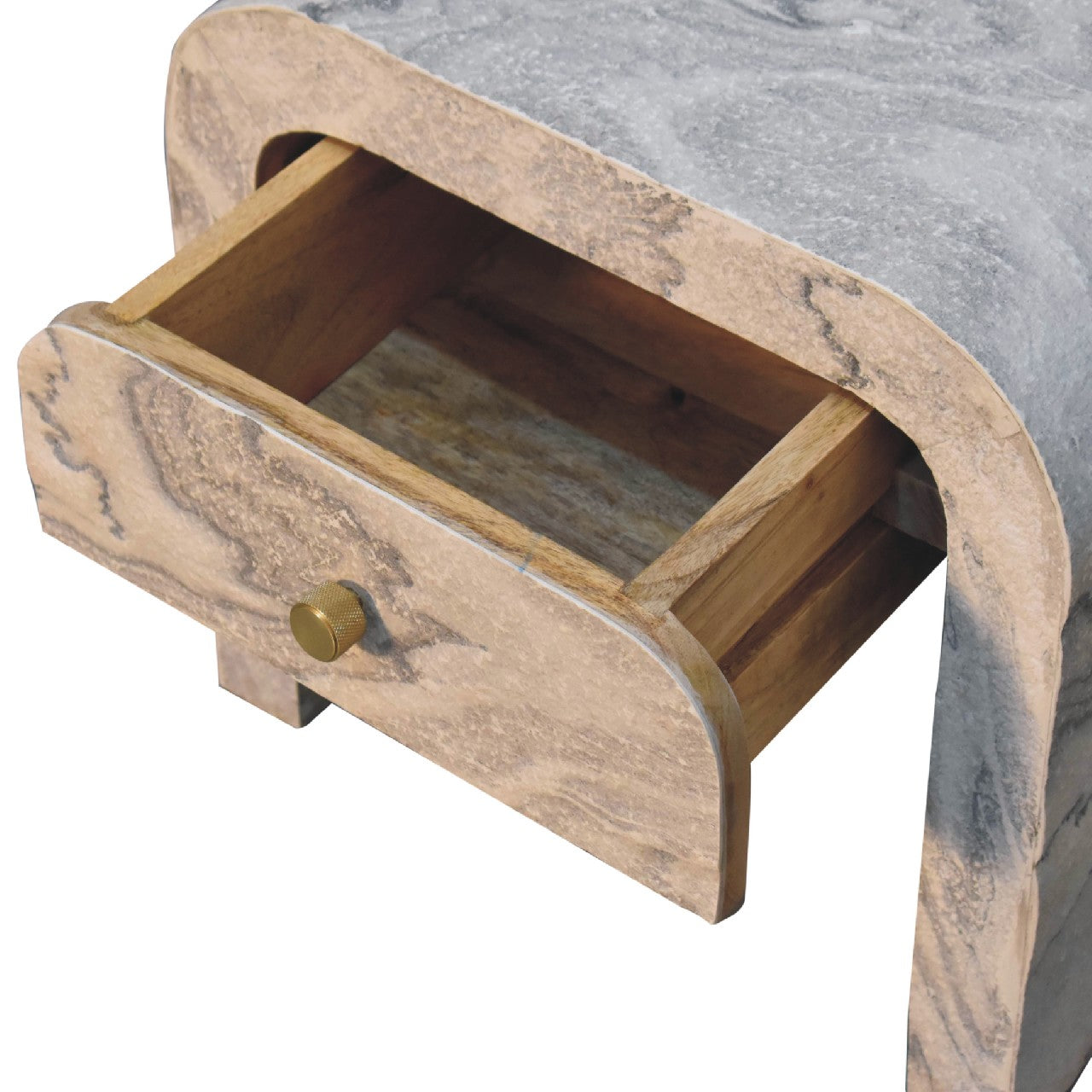 Marble finish side table with a wooden drawer and brass knob