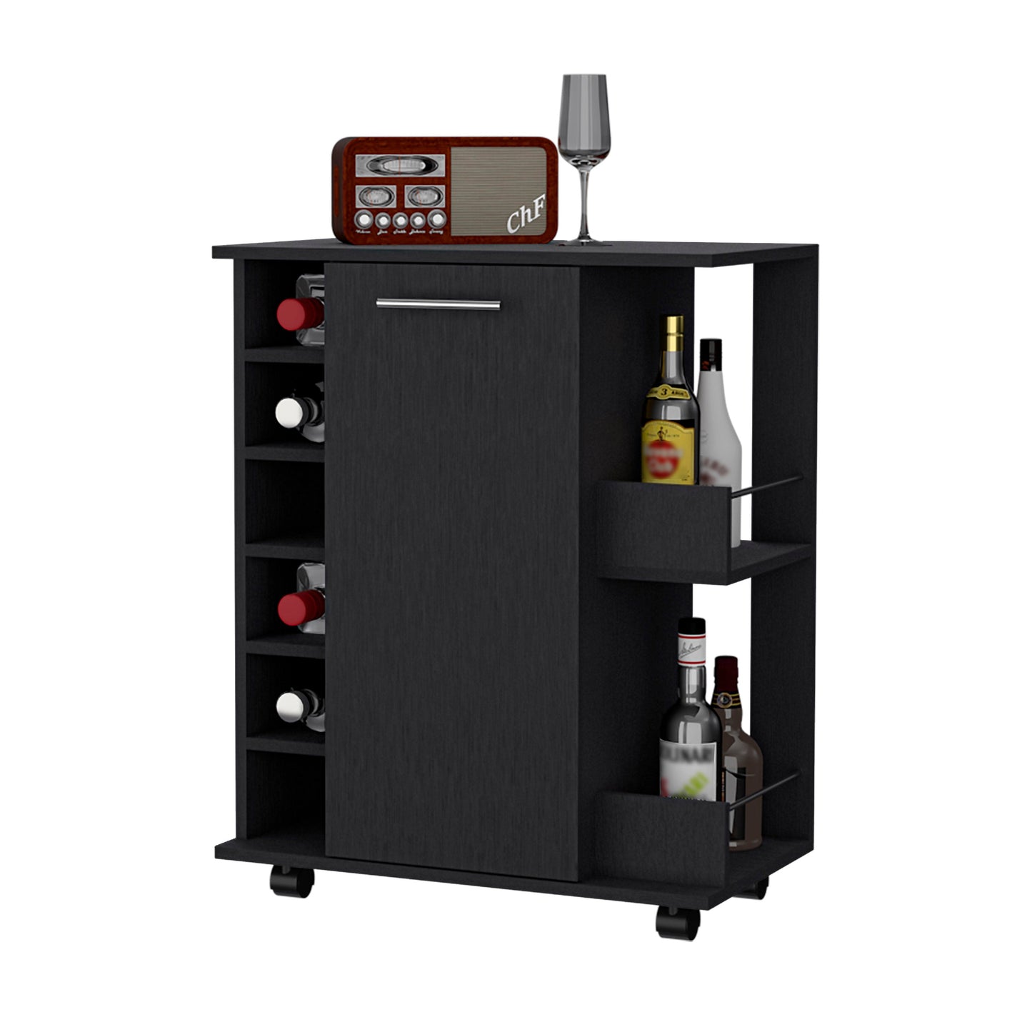 Black wooden bar cart with wine rack and bottle storage