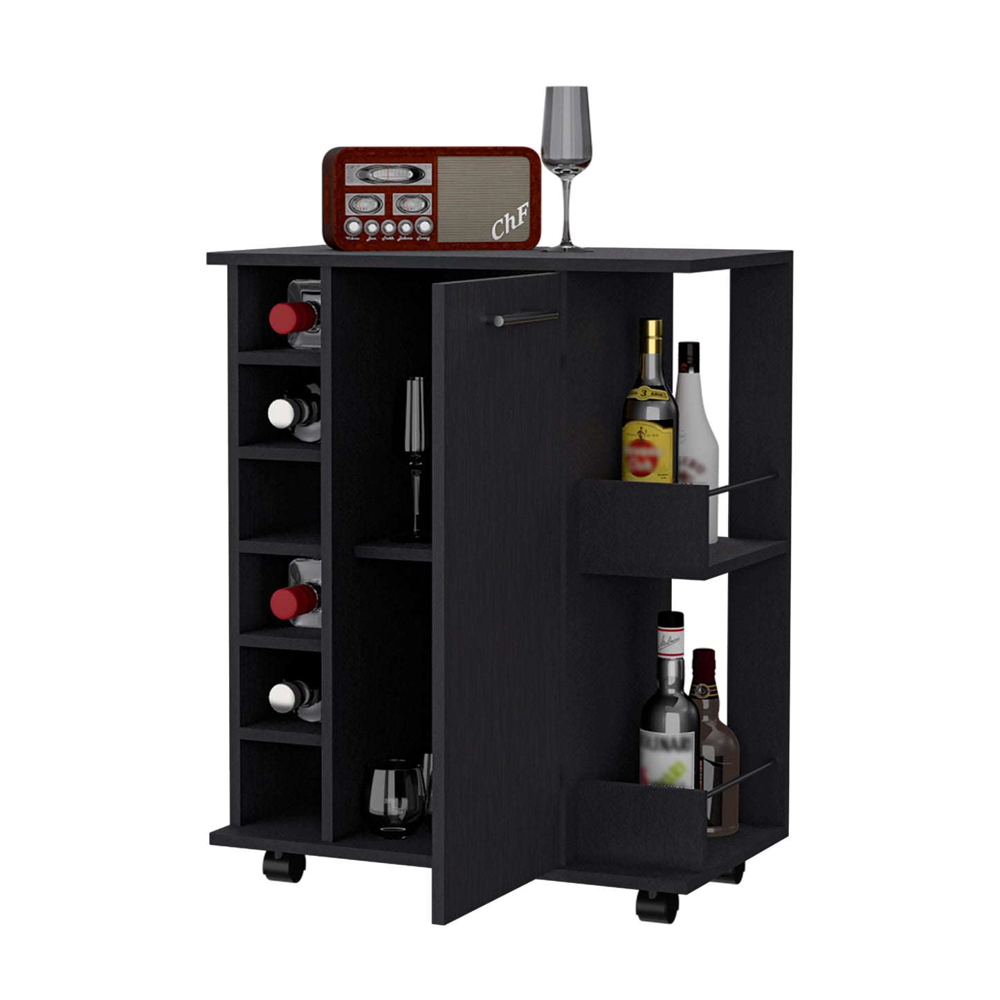 Black rolling bar cart with wine rack and bottle storage