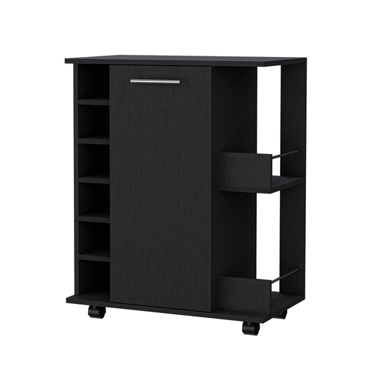 Black rolling kitchen cart with open shelves and cabinet