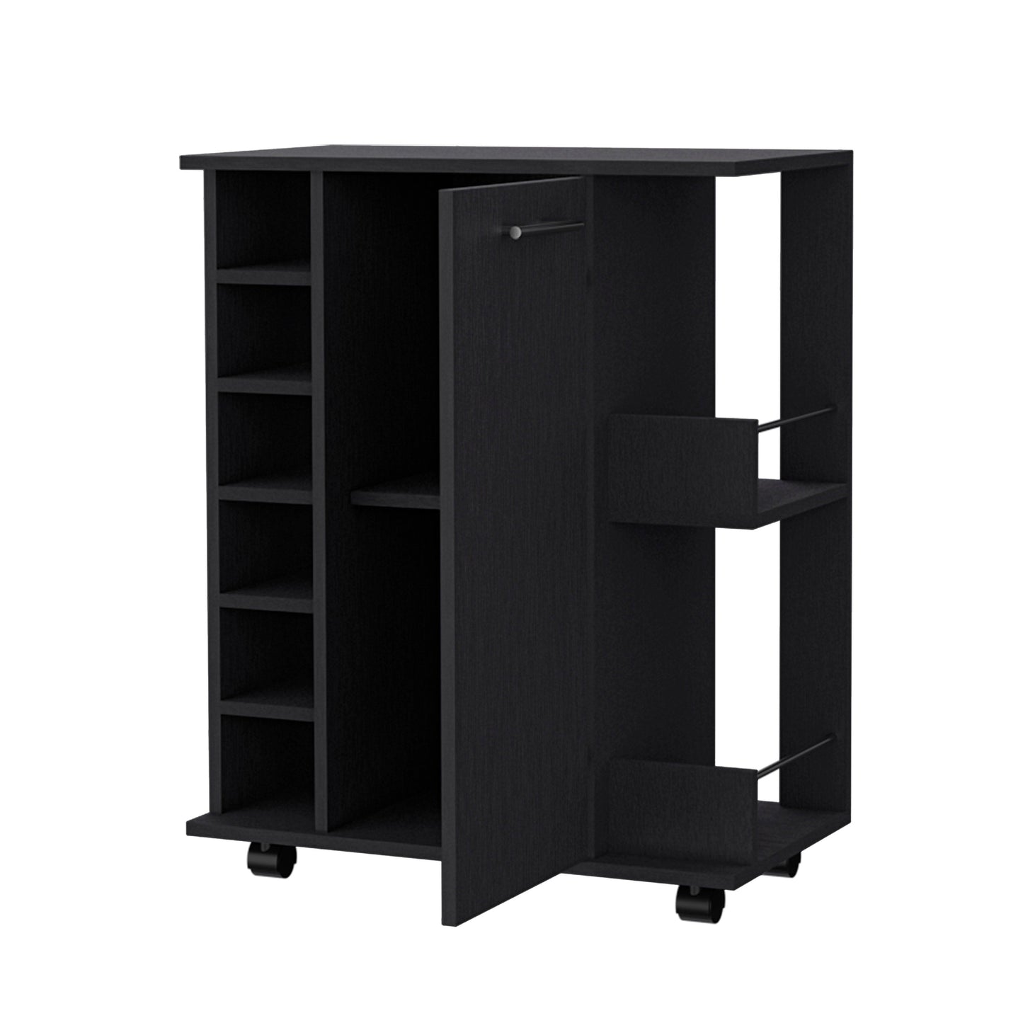 Black mobile bar cart with open shelves and a door