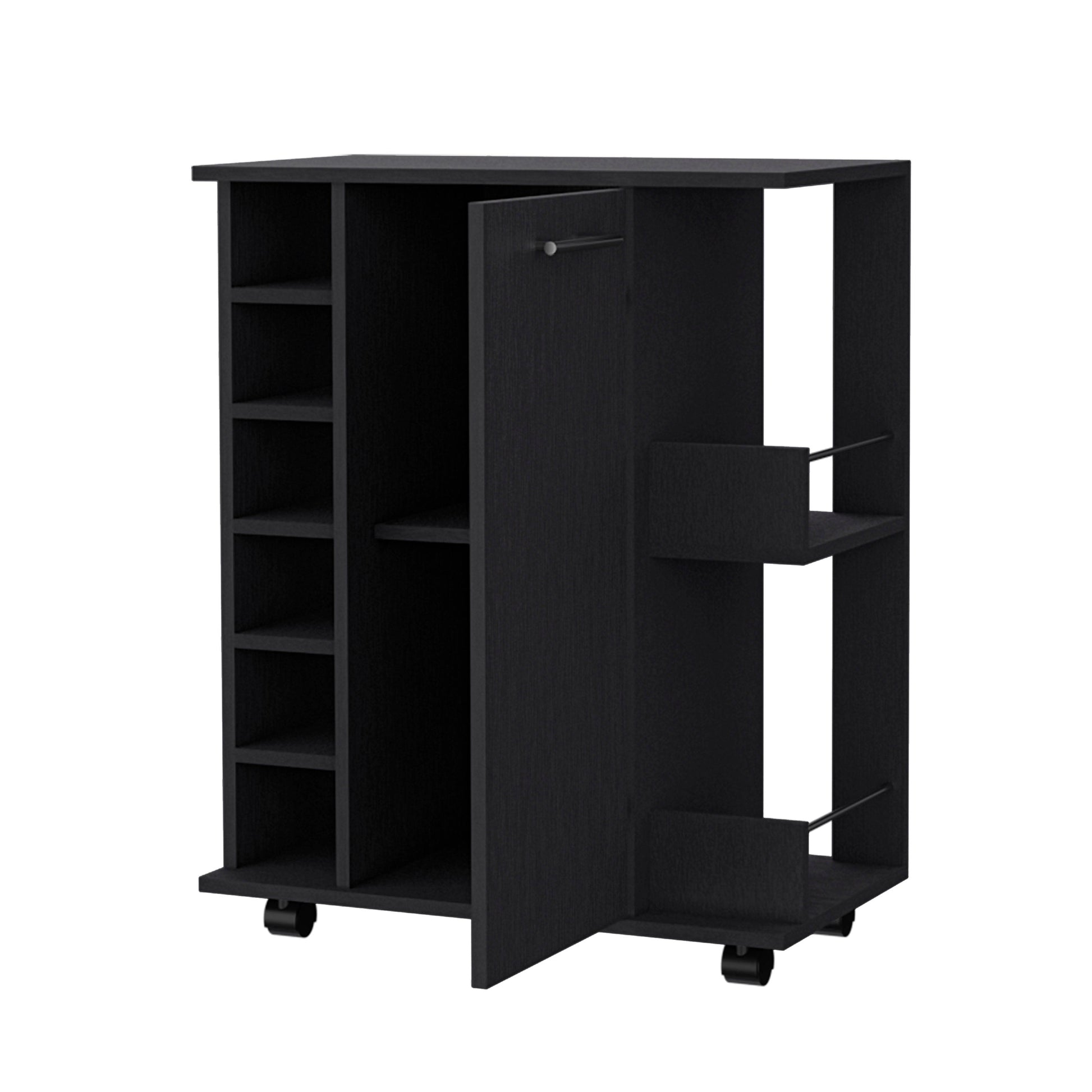 Black mobile bar cart with open shelves and a door