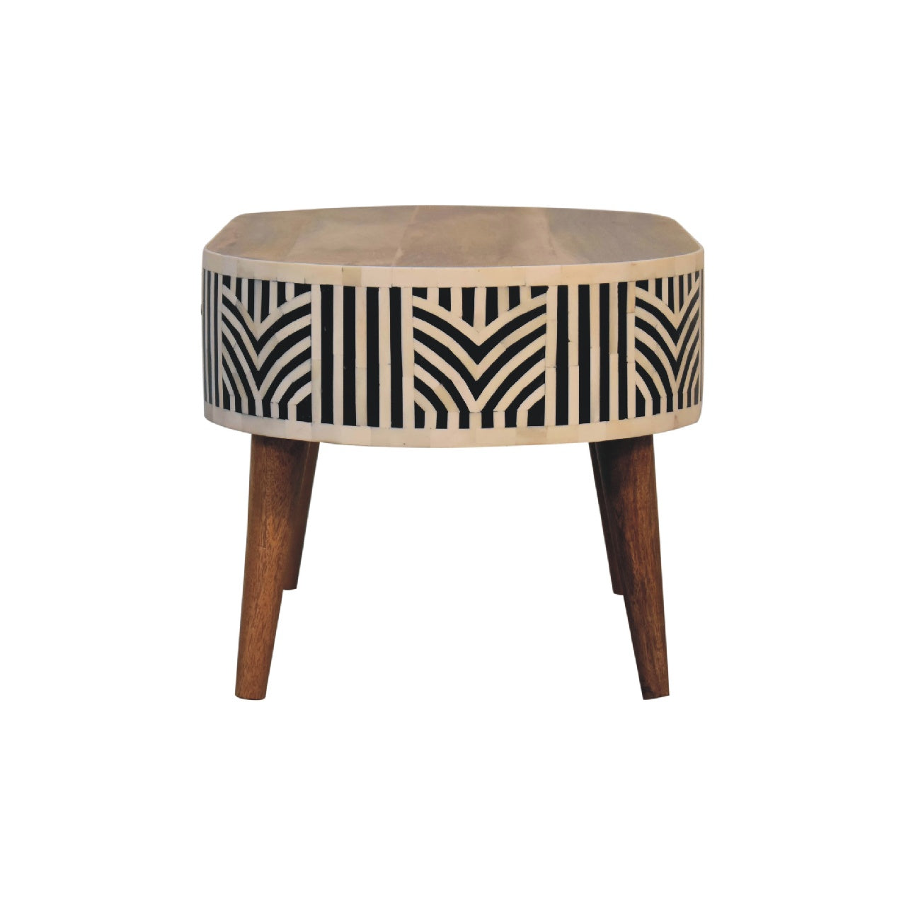 Bone inlay side table with geometric pattern and wooden legs
