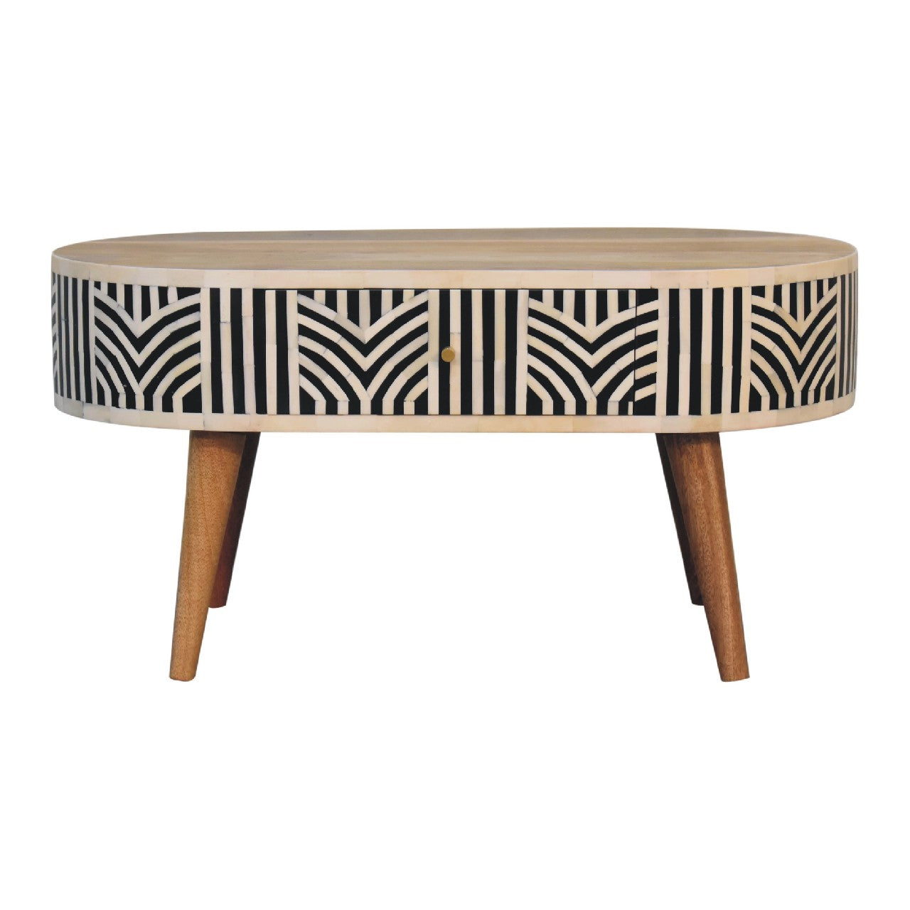 Oval wood coffee table with black and white bone inlay geometric pattern and gold drawer pull