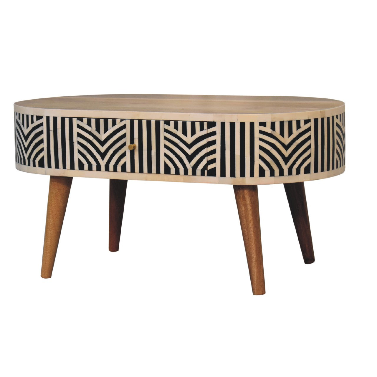 Oval bone inlay coffee table with geometric black and white inlay design and wooden legs