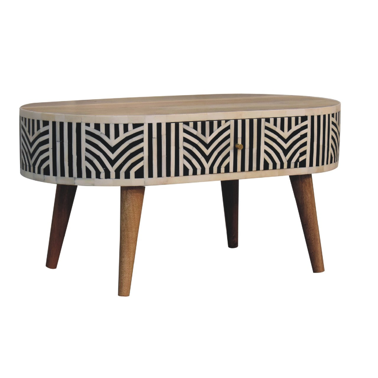 Oval bone inlay side table with geometric pattern and brass knob