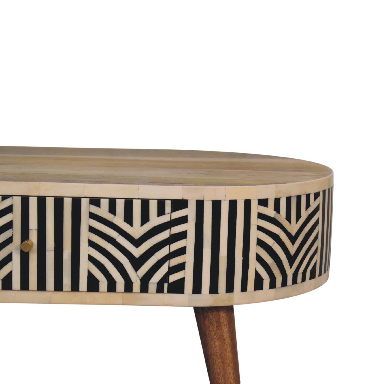 Oval wooden side table with bone inlay geometric black and white pattern