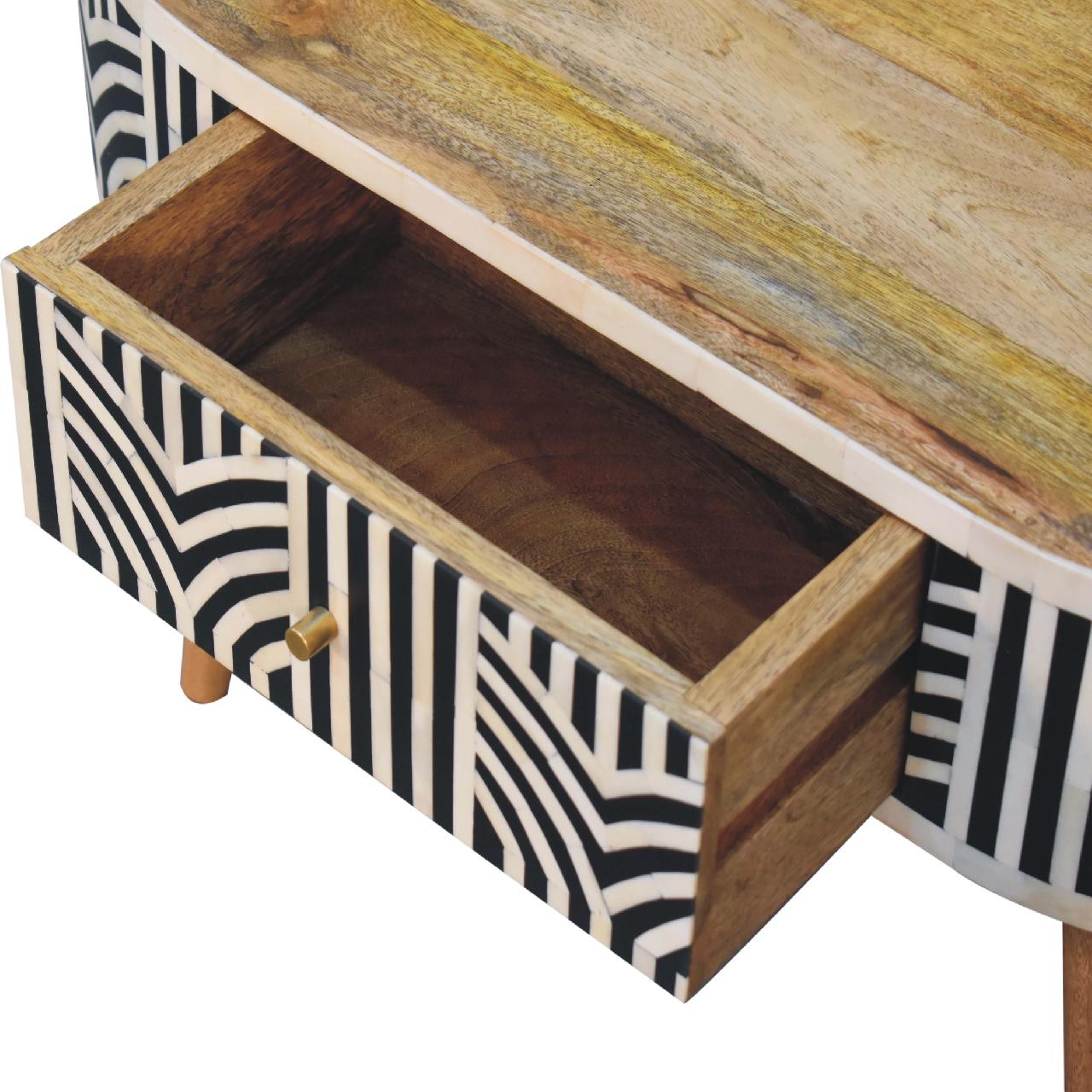 Designer side table with bone inlay geometric pattern and natural wood finish