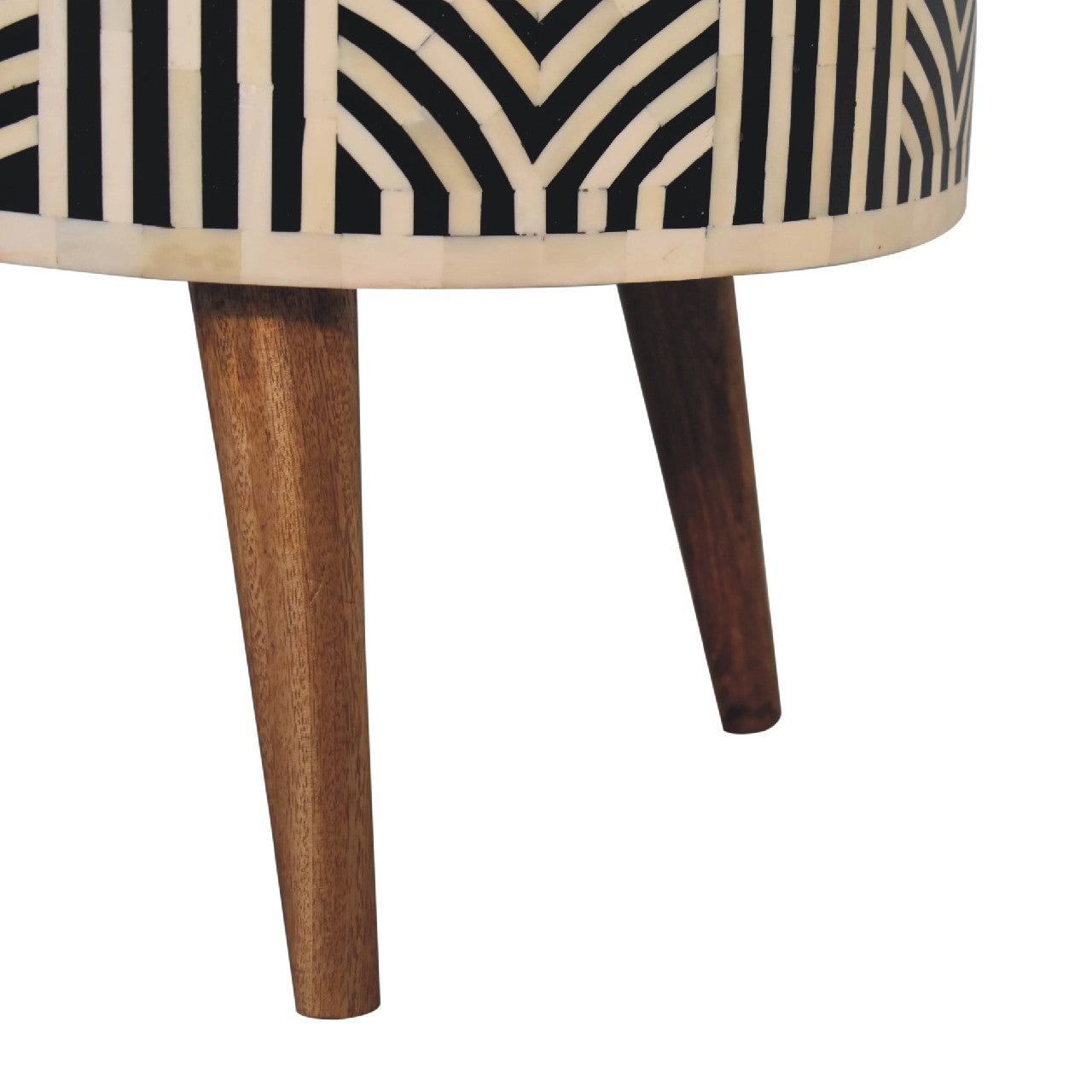 Bone inlay stool with black and white geometric pattern and wooden legs