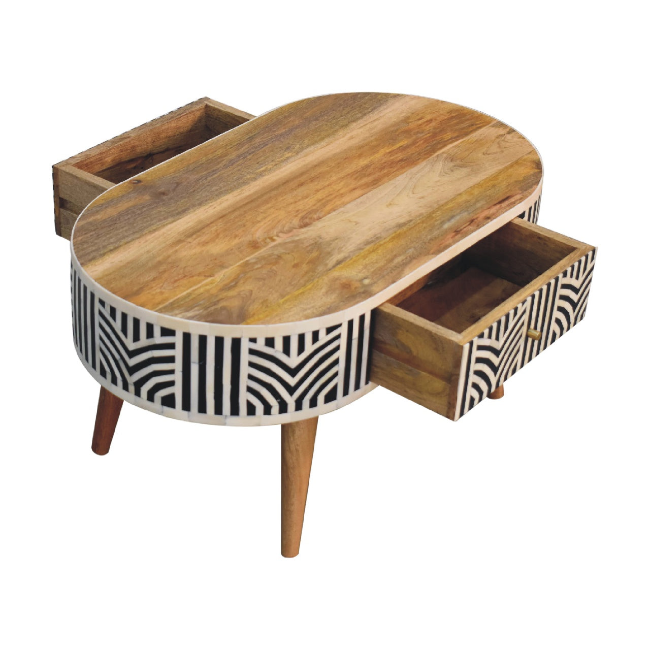 Oval wood coffee table with bone inlay geometric pattern and two drawers