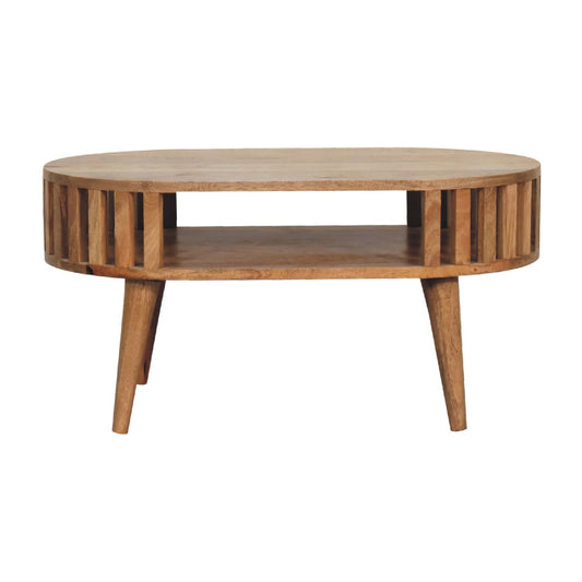 Oval natural wood coffee table with slatted sides and two tiers
