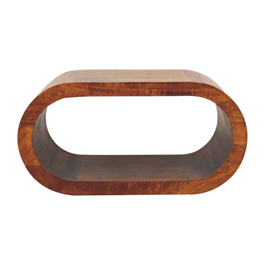 Natural wood oval coffee table with smooth curved edges and open interior